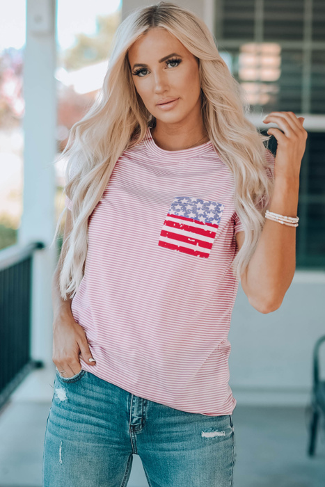 Pink Stripes American Flag Chest Pocket T Shirt
