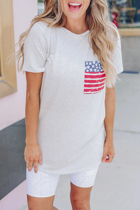 Gray Stripes American Flag Chest Pocket T Shirt