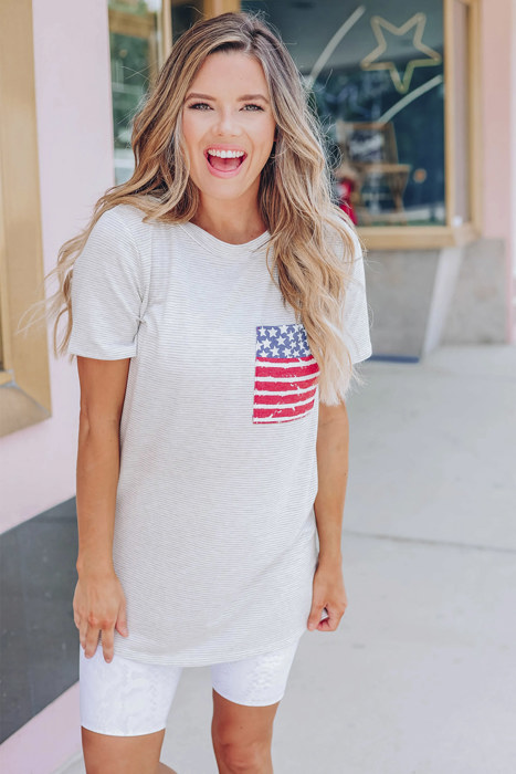 Gray Stripes American Flag Chest Pocket T Shirt