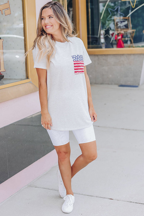 Gray Stripes American Flag Chest Pocket T Shirt