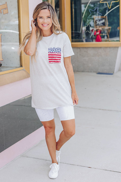 Gray Stripes American Flag Chest Pocket T Shirt