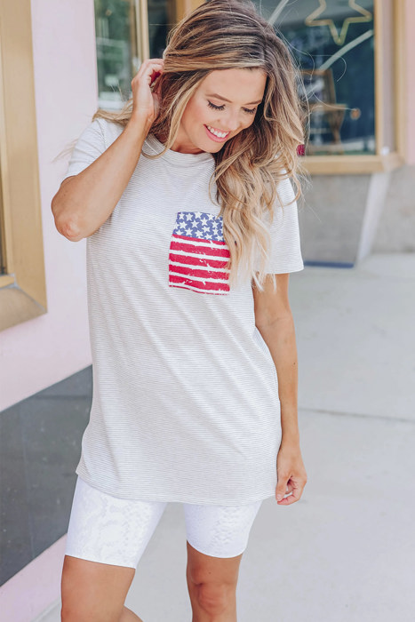 Gray Stripes American Flag Chest Pocket T Shirt