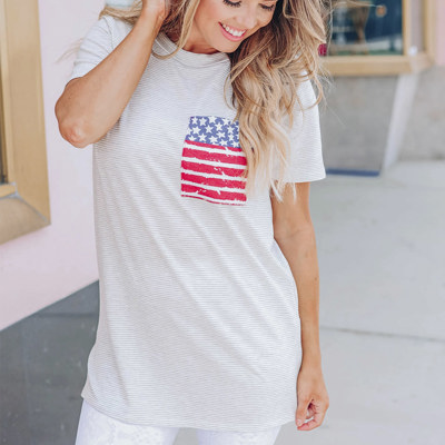 Gray Stripes American Flag Chest Pocket T Shirt