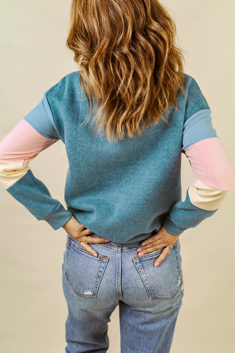 Blue Colorblock Long Sleeve Pullover Sweatshirt