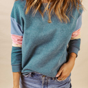  Blue Colorblock Long Sleeve Pullover Sweatshirt