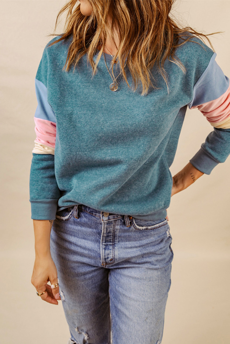 Blue Colorblock Long Sleeve Pullover Sweatshirt