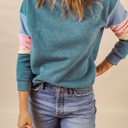  Blue Colorblock Long Sleeve Pullover Sweatshirt