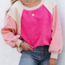  Rose Colorblock Long Sleeve Pullover Fleece Sweatshirt