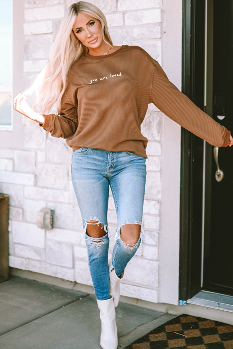 You Are Loved Print Ribbed Sweatshirt