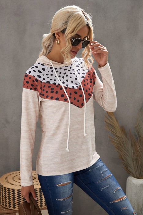 Leopard Print Color Block Drawstring Hoodie
