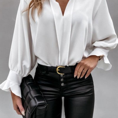 V Neck Long Puff Sleeve Top | 2 Colors |