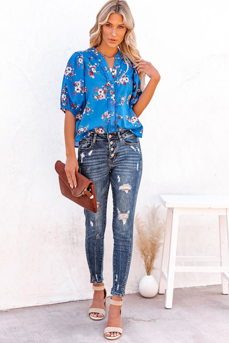 Floral Button Up Split Neck Blouse