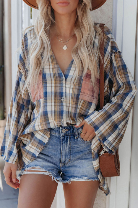 Multi Color Plaid Raw Edge Casual Shirt