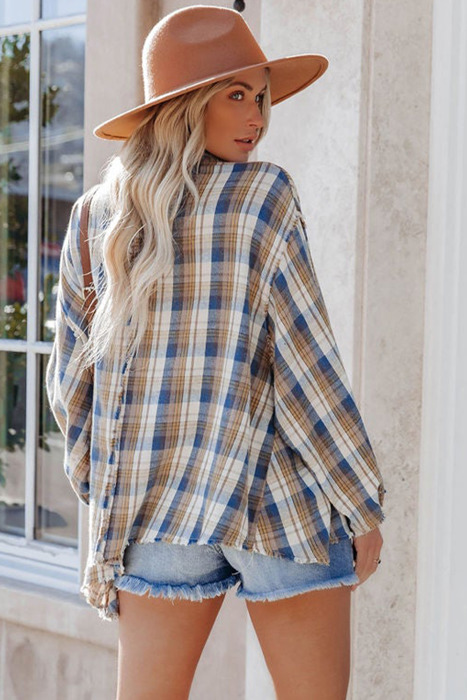 Multi Color Plaid Raw Edge Casual Shirt