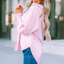  Pink Smocked Cuffed Striped Boyfriend Shirt with Pocket