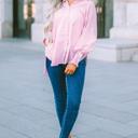  Pink Smocked Cuffed Striped Boyfriend Shirt with Pocket