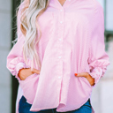  Pink Smocked Cuffed Striped Boyfriend Shirt with Pocket