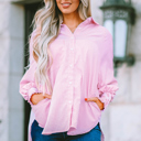  Pink Smocked Cuffed Striped Boyfriend Shirt with Pocket