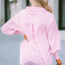  Pink Smocked Cuffed Striped Boyfriend Shirt with Pocket