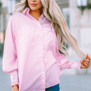  Pink Smocked Cuffed Striped Boyfriend Shirt with Pocket