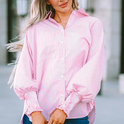 Pink Smocked Cuffed Striped Boyfriend Shirt with Pocket