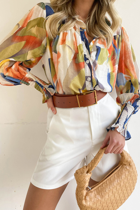 Abstract Print Buttoned V Neck Long Sleeve Blouse