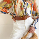  Abstract Print Buttoned V Neck Long Sleeve Blouse