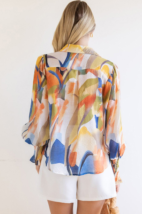 Abstract Print Buttoned V Neck Long Sleeve Blouse