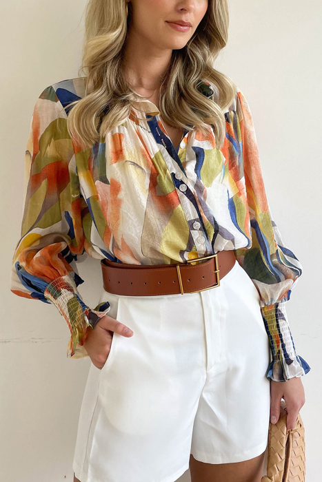 Abstract Print Buttoned V Neck Long Sleeve Blouse
