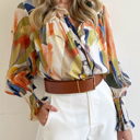  Abstract Print Buttoned V Neck Long Sleeve Blouse