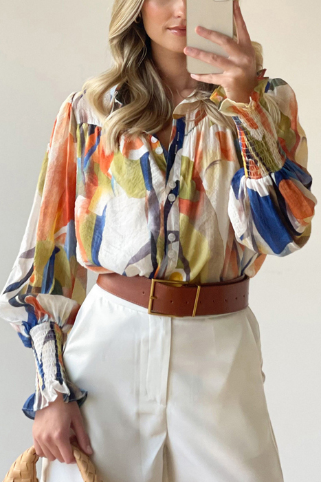 Abstract Print Buttoned V Neck Long Sleeve Blouse