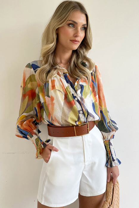 Abstract Print Buttoned V Neck Long Sleeve Blouse