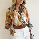  Abstract Print Buttoned V Neck Long Sleeve Blouse