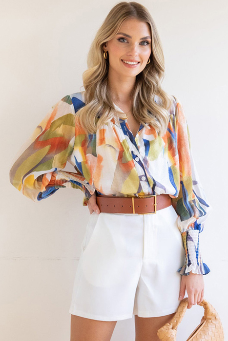 Abstract Print Buttoned V Neck Long Sleeve Blouse