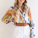  Abstract Print Buttoned V Neck Long Sleeve Blouse