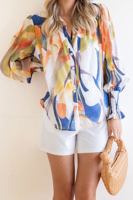 Abstract Print Buttoned V Neck Long Sleeve Blouse
