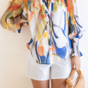  Abstract Print Buttoned V Neck Long Sleeve Blouse