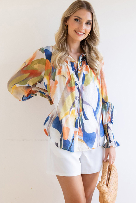 Abstract Print Buttoned V Neck Long Sleeve Blouse