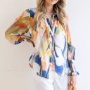  Abstract Print Buttoned V Neck Long Sleeve Blouse