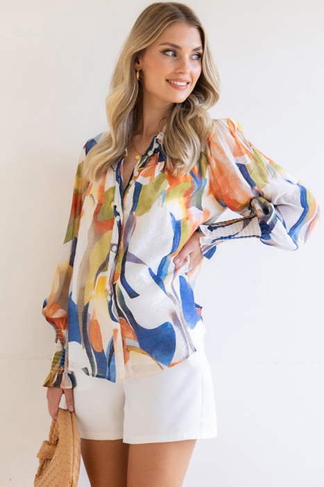 Abstract Print Buttoned V Neck Long Sleeve Blouse