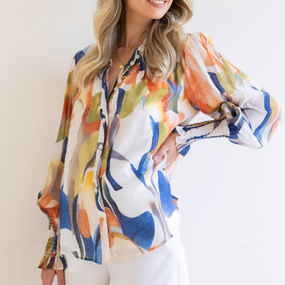 Abstract Print Buttoned V Neck Long Sleeve Blouse