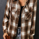  Brown Plaid Print Chest Pockets Buttoned Shirt