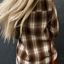  Brown Plaid Print Chest Pockets Buttoned Shirt
