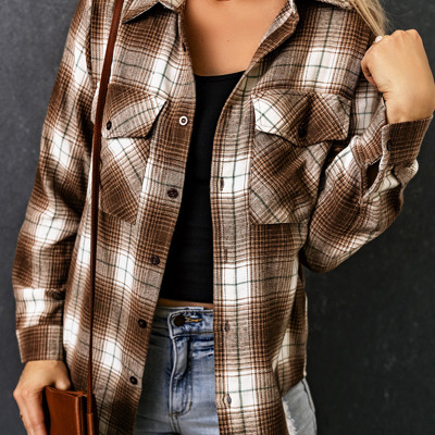 Brown Plaid Print Chest Pockets Buttoned Shirt