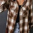  Brown Plaid Print Chest Pockets Buttoned Shirt