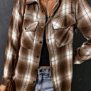  Brown Plaid Print Chest Pockets Buttoned Shirt