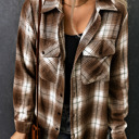  Brown Plaid Print Chest Pockets Buttoned Shirt