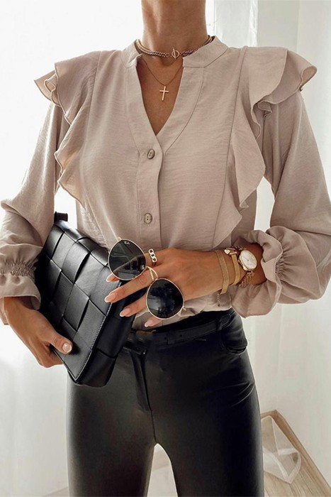  Flounce Sleeve Notched Neck Ruffled Shirt
