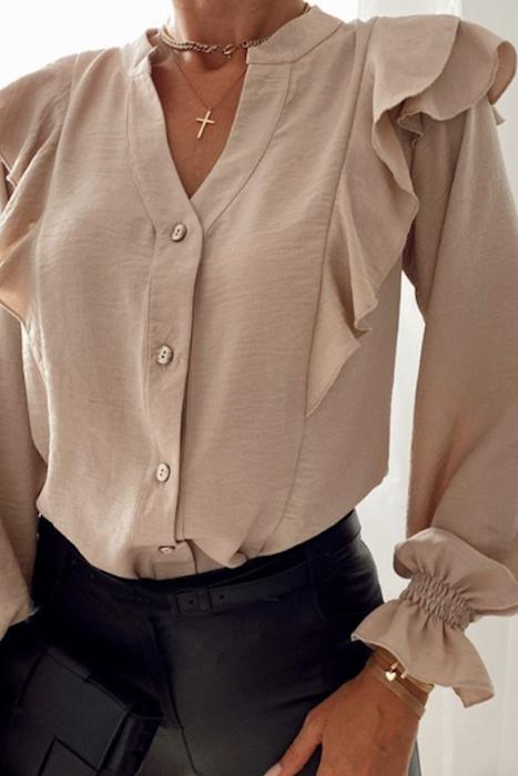  Flounce Sleeve Notched Neck Ruffled Shirt