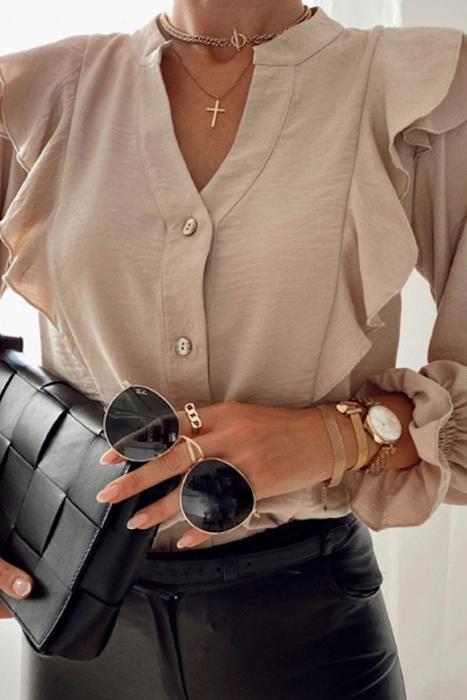  Flounce Sleeve Notched Neck Ruffled Shirt